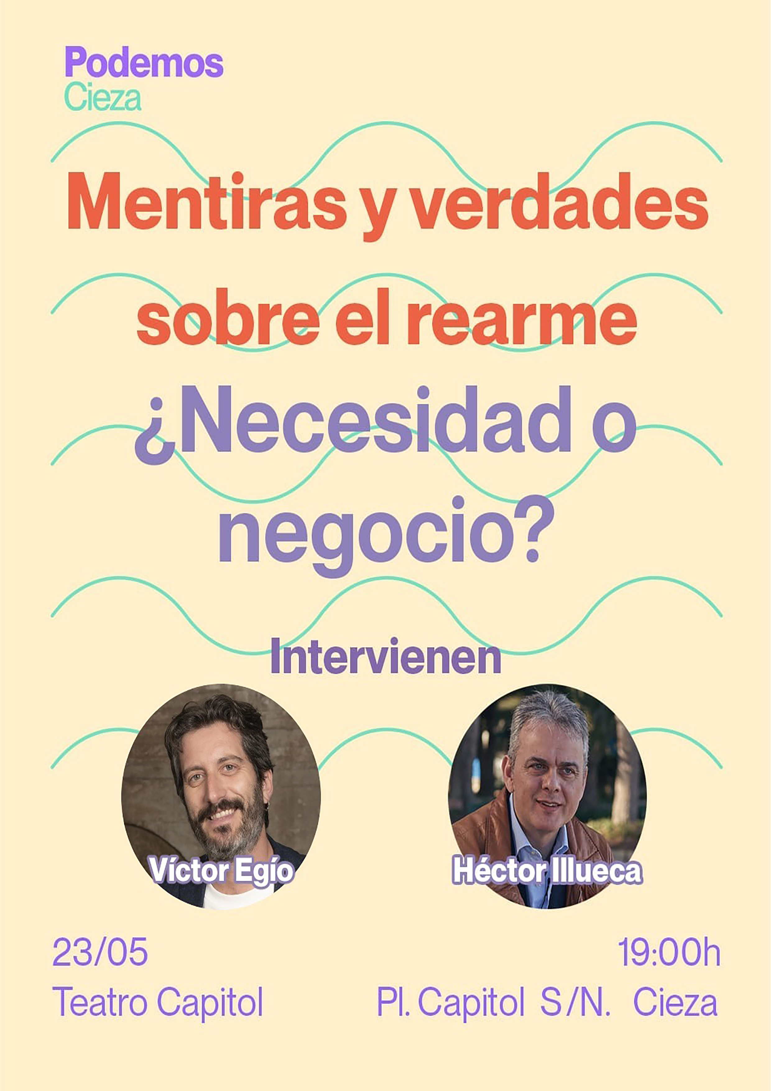 A4 Imagen Charla - Coloquio, Victor Ego y Hctor. 23 mayo 2025. Podemos Cieza.